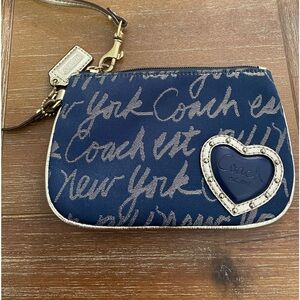 COACH Wristlet Women New York Script Navy With Gold Heart & Gold Leather Trim